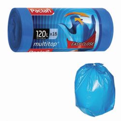 Мешки для мусора 120 л, с ушками, синие, рулон 15 шт., ПВД, 24 мкм, 70х118 см, PACLAN "Multitop", 402045